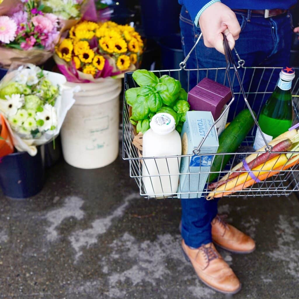 A man holds a wire shopping basket with basil, milk, vegetables, wine, and cookies in it. Basket analysis tools can help merchandisers know what items are frequently purchased together and plan accordingly.